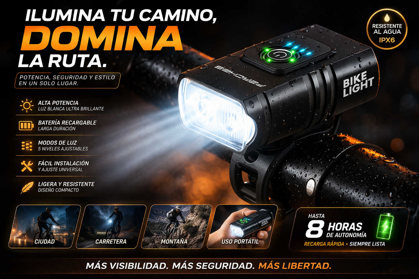 LumiRide Pro™ | Linterna para bicicleta 2 en 1